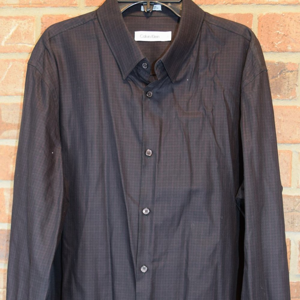Calvin Klein Shirt Mens Large L Black Burgandy Windowpane Long Sleeve Cotton EUC